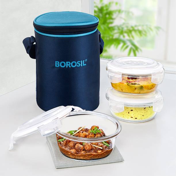BOROSIL Alfa Blue Lunch Box Set of 3 (400 ml Each) with Lunch Bag, Round, Office Tiffin 3 Containers Lunch Box