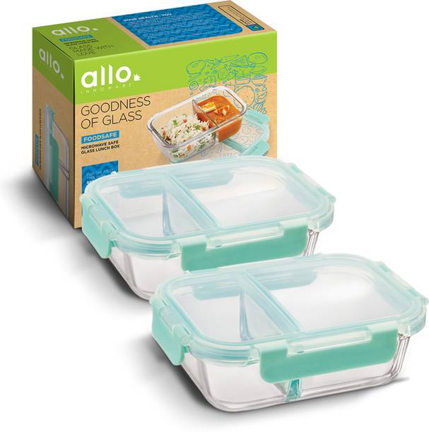 अलो FoodSafe Rectangle Divider Glass Lunch Box with Break Free Detachable Lock 2 कंटेनर लंच बॉक्स