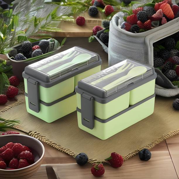 Porslin Tiffin Combo of 2 Pista Lunch Box with Spoon and Fork Office School Collage 6 Containers Lunch Box