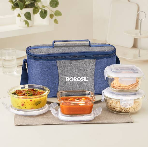 BOROSIL Alora Borosilicate Glass Lunchbox, 4 pc Set (320 ml x 2 + 400 ml x 2), Tiffin 4 Containers Lunch Box