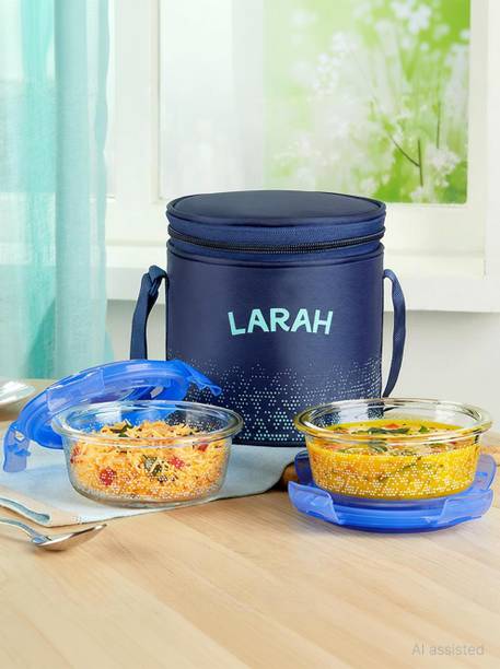 Larah by Borosil Speckle Blue Borosilicate Glass Lunchbox, 2pc Round Set (400ml x 2) Vertical 2 Containers Glass Office Lunch Box 400 ml