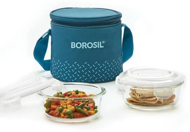 BOROSIL Teal Lunch Box with Bag, 2 Pc (400 ml x 2 Round),Vertical Office Tiifin 2 Containers Lunch Box