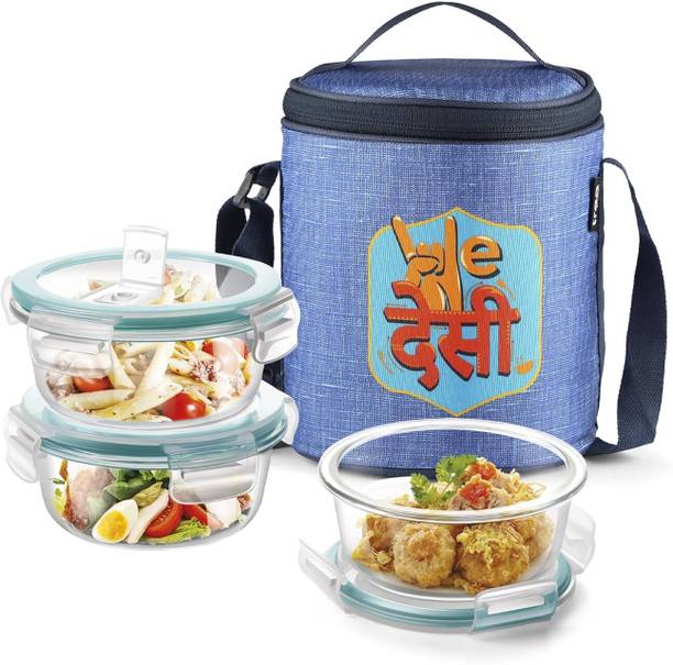 TREO All Fresh Tiffin With Insulated Jacket 3 X 400ml Containers, (Wedesi Print) 3 Containers Glass Office Lunch Box