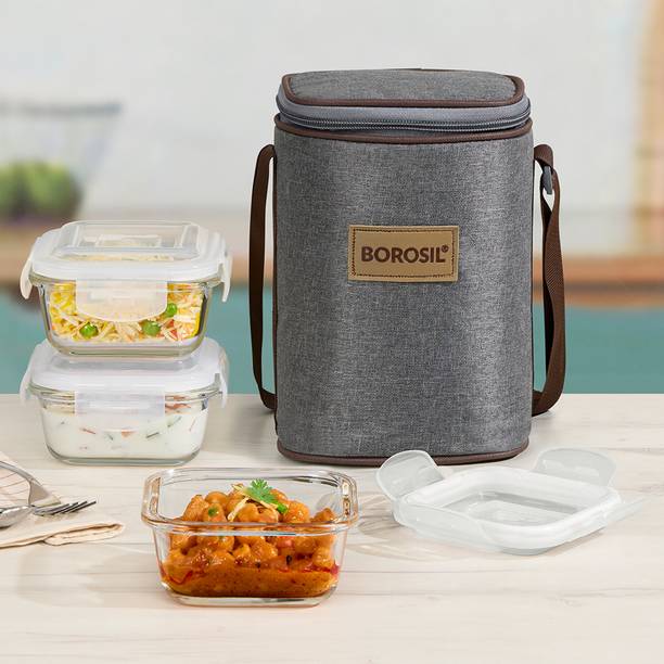 BOROSIL Pro Glass Lunchbox, 3 pc Set (320 ml Each), Microwave Safe 3 Containers Lunch Box
