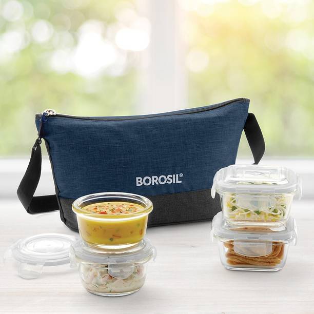 BOROSIL Elite Daisy Lunch Box with Bag, Set of 4 (320 ml x 2 + 240 ml x 2)Tiffin 4 Containers Lunch Box