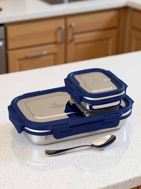 Dhara Stainless Steel Blaze Airtight Leak Proof Tiffin Box with Mini Container Inside Navy Blue 2 Containers Stainless Steel Office Lunch Box