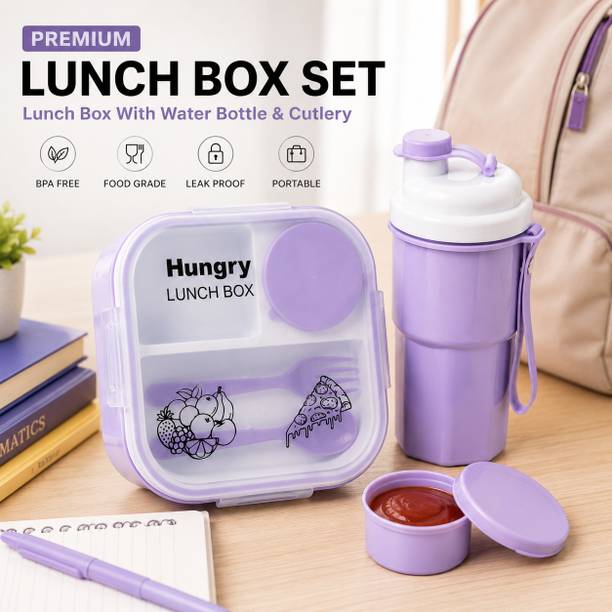 NMs Store Lunch Box with Matching Bottle Set | Multicolour 3 Containers Plastic School Lunch Box
