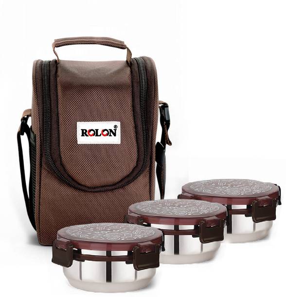 ROLON Lunch Lock 3 | Brown | 3 Airtight Containers | Insulated Lunch Bag 3 Containers Lunch Box