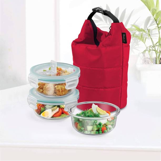 MILTON Swag Borosilicate Round Tiffin Box, 380 ml, Set of 3 Containers Glass School Lunch Box