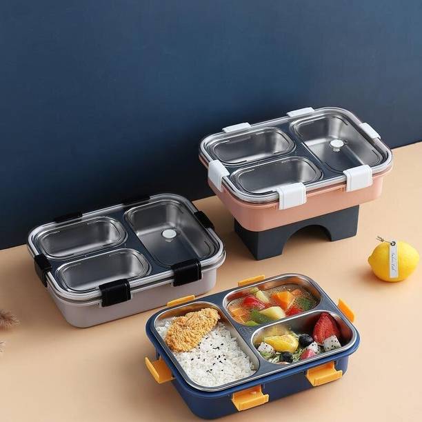 UMAI 3-Compartment Stainless Steel Leak-Proof Lunch Box for School, Office & College 3 Containers Stainless Steel, Plastic Office Lunch Box