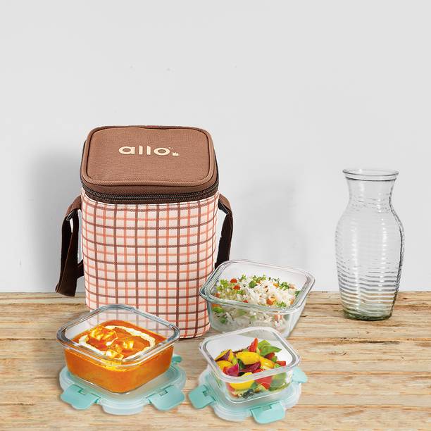 Allo FoodSafe Glass Lunch Box,Microwave Safe Tiffin with Cocoa Brown Lunch Bag, 3 Containers Lunch Box
