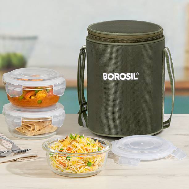 BOROSIL Eateasy Borosilicate Glass Lunchbox, 3 pc Set (400 ml Each), Microwave Safe 3 Containers Lunch Box