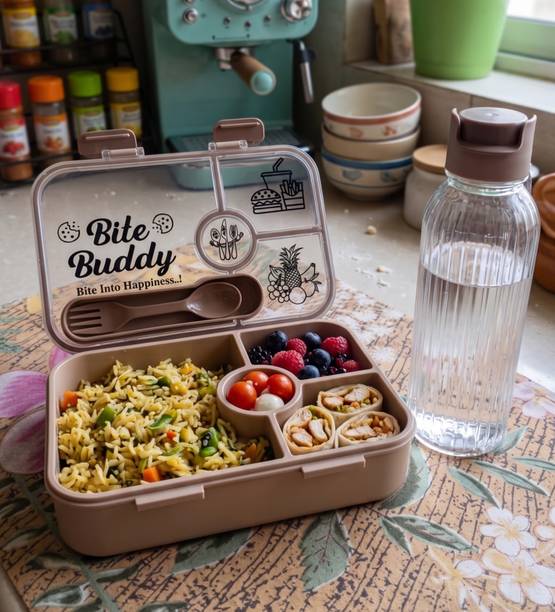 amgo Bite Buddy Bento Lunch Box with Spoon, Fork, and Ribbed Water Bottle 3 Containers Plastic School Lunch Box