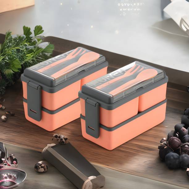 पोर्स्लिन Tiffin Combo of 2 Orange Lunch Box with Spoon and Fork Office School Collage 6 कंटेनर लंच बॉक्स