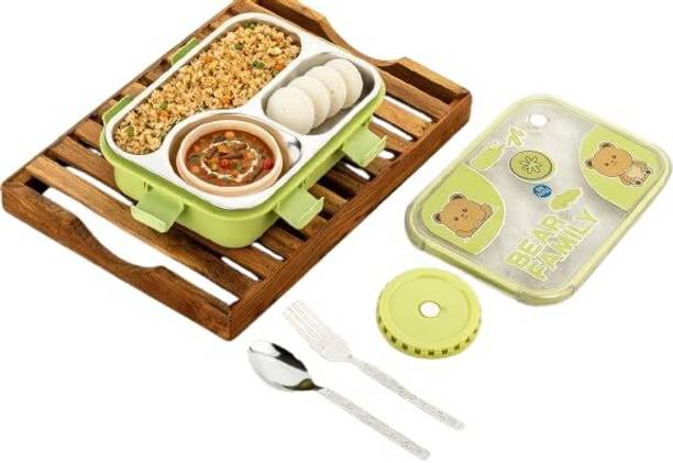 RSV HOMES Lunch Box with 3 Compartments & Spoon, Leakproof Bento Lunch Box for School 3 Containers Plastic, Stainless Steel School Lunch Box