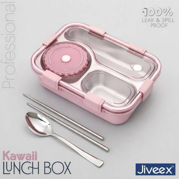 JIVEEX 3 Compartment Steel Lunch Box|LeakProof with Lid, Chopsticks, Bowl, Spoon & Fork 3 Containers Stainless Steel, Plastic School Lunch Box