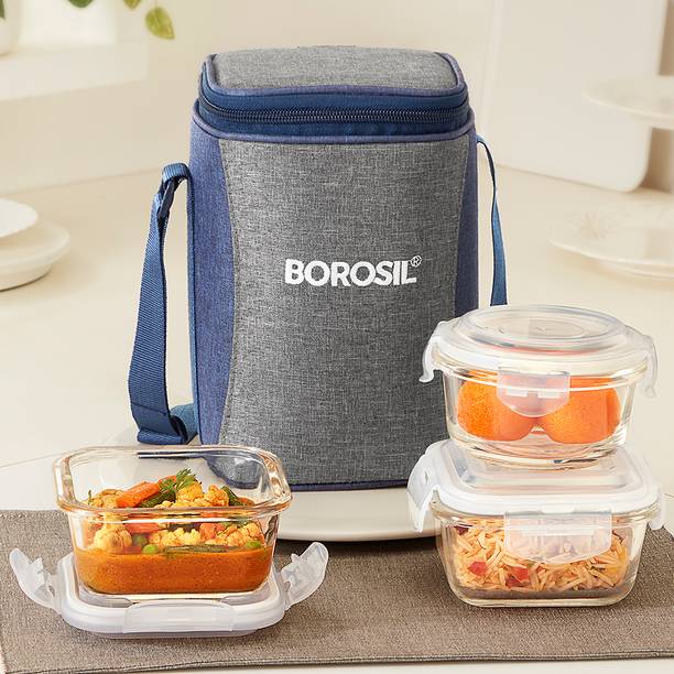 बोरोसिल Alora Borosilicate Glass Lunchbox, 3pc Set (320ml x 2 + 240ml x 1) Office Tiffin 3 कंटेनर लंच बॉक्स