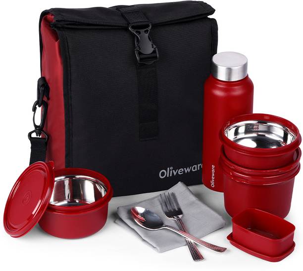 Oliveware Teso Elite Pro Lunch Box with Steel Cutlery, BPA Free Lids - Mahroon 4 Containers Lunch Box