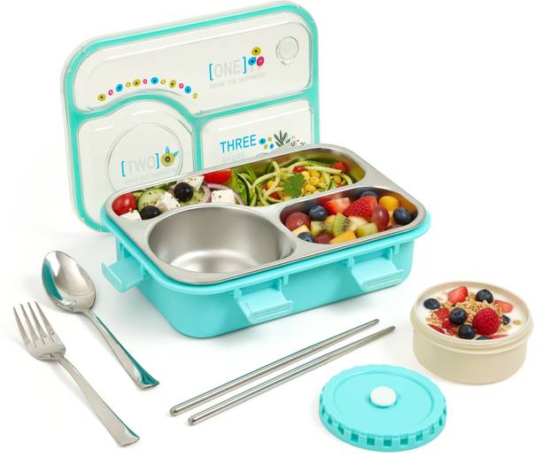 नवतन Heppiness Kawaii 3 Section Stainless Steel Lunch Box With Spoon & Chopsticks 3 कंटेनर लंच बॉक्स