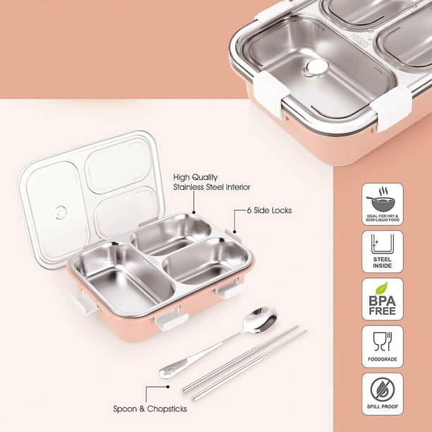 VRJK Compartment -3 Sealed Leak Proof Stainless Steel For Kid's & Adult_PINK 3 Containers Lunch Box