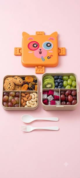HEGOVI Cute Bear Face Kids Tiffin Box with Double-Layer Snack Trays, Spoon & Fork 3 Containers Plastic School Lunch Box