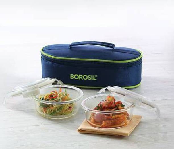 BOROSIL Microwavable Glass Lunch Box - Round - Set of 2 - Horizontal 2 Containers Lunch Box