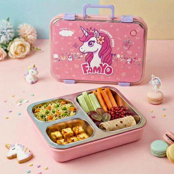 Famyo June Unicorn Bento Lunch Box 3 Containers Stainless Steel School Lunch Box