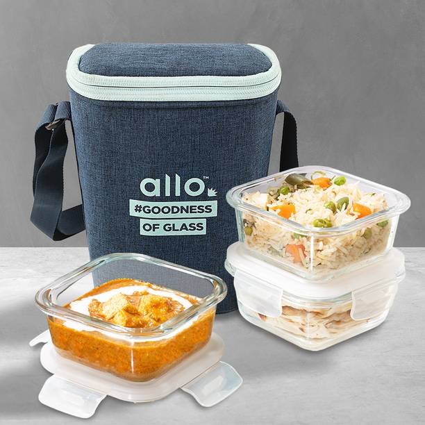 अलो FoodSafe Glass Lunch Box,Microwave Safe Tiffin with Denim Blue Lunch Bag, 3 कंटेनर लंच बॉक्स