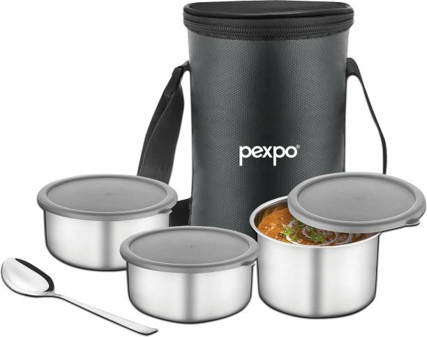 pexpo Eco Pro-3 with 3 Air-Tight Round Containers (3*280ml) with Spoon & Bag, BPA-Free 3 Containers Lunch Box