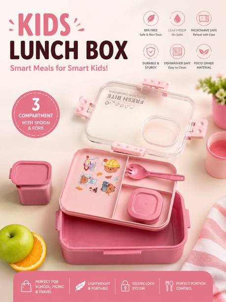 SAenterprise 3 Compartment Bento Style Tiffin Box with Spoon & Fork for School a