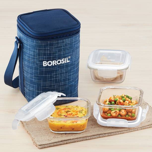BOROSIL Indigo Blue Lunch Box with Bag, 3 Pc (320 ml x 3) Square Office Tiffin 3 Containers Lunch Box