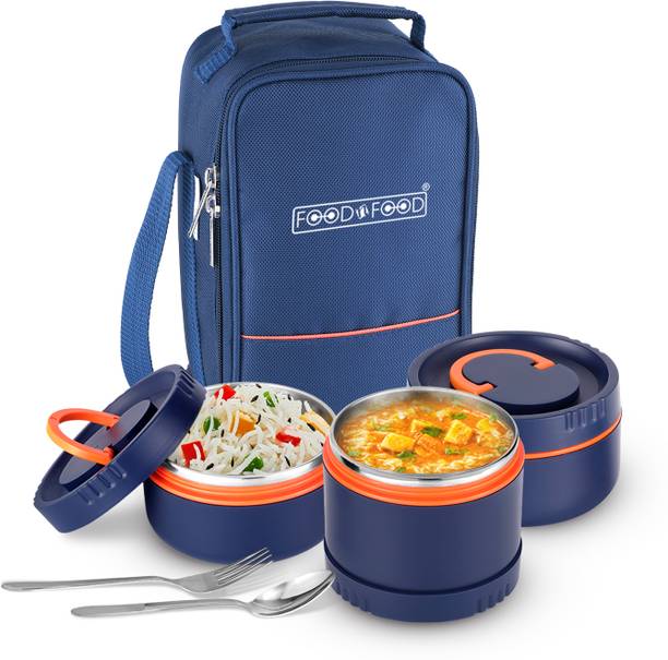 FOODNFOOD Dazzle Puf Insulated Hot&cold Containers Steel Spoon&Fork | Leak-Proof Lunchbox 3 Containers Stainless Steel Office Lunch Box