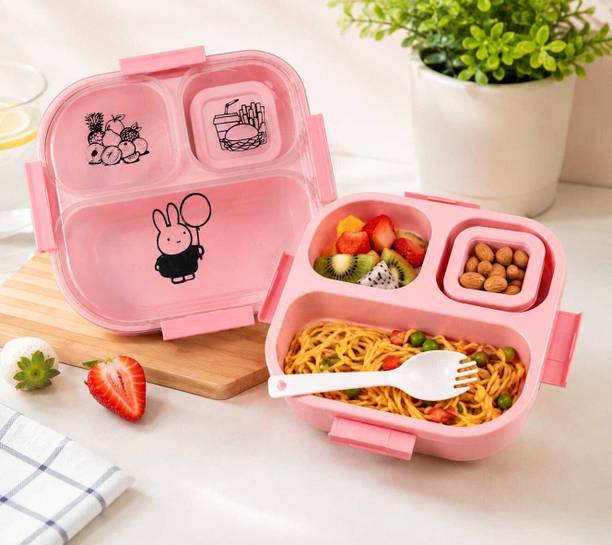 viyoramart Bento Lunch Box 3 Compartment With Spoon 2 Containers Plastic School Lunch Box