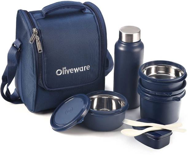Oliveware Lunch Box with Bottle | Insulated Fabric Bag | 3 Stainless 4 Containers Stainless Steel Office Lunch Box