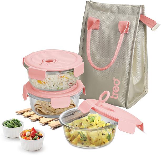 TREO Lumino Fresh Round Borosilicate Glass Lunch Box Set of 3 Peach 400 ml Each & Bag 3 Containers Lunch Box