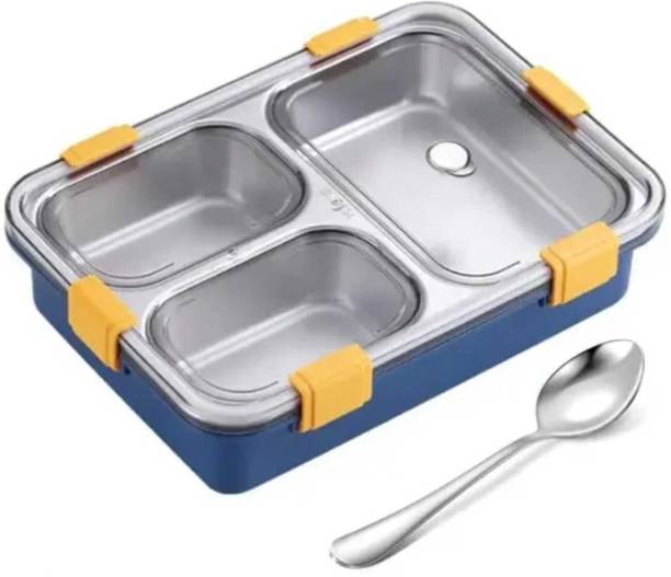 plizzo kitchenware 3 Compartment Stainless Steel Lunch Box, Leakage Proof Lunch Box For School 3 Containers Stainless Steel, Polypropylene School Lunch Box