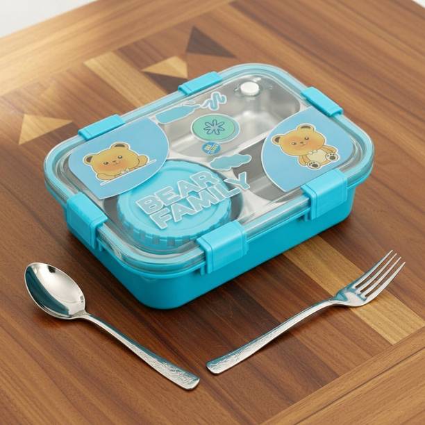 Kello Kawaii Bear Family Tiffin Stainless Steel Lunch Box With Spoon & Fork Blue