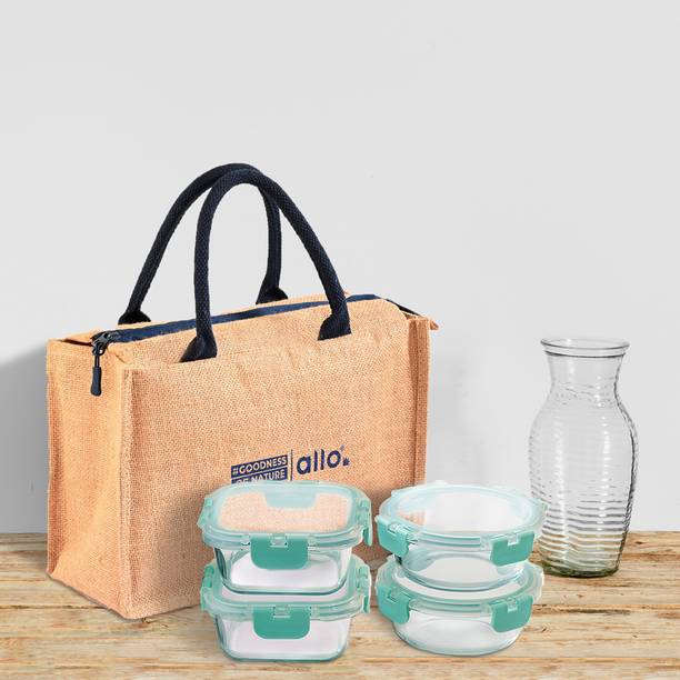 Allo FoodSafe Glass Lunch Box,Microwave Safe Tiffin with Beinge Lunch Bag, 4 Containers Lunch Box