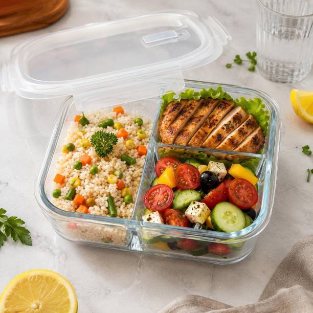 BLISSSTART Premium Divided Glass Lunch Box with Airtight Locking Lid for Meal Pr