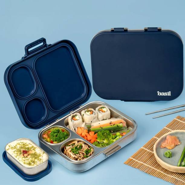 BASIL Quad plus 4-Compartment Stainless Steel Bento Box (1020ml) – Indigo Zen 4 Containers Stainless Steel Office Lunch Box