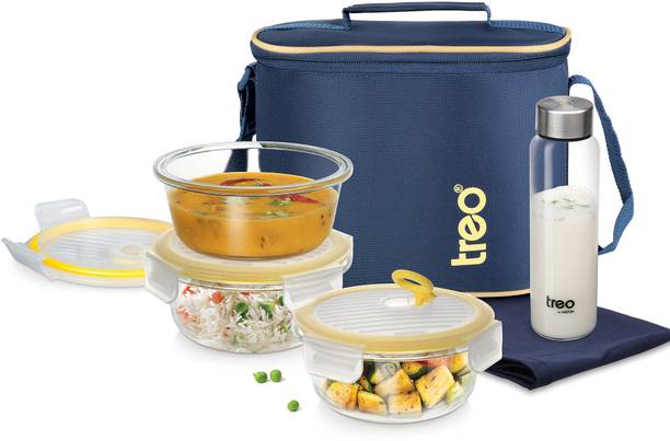 TREO All Fresh Borosilicate Glass Round Tiffin Set of 5, Carry Jacket & Glass Bottle 5 Containers Lunch Box