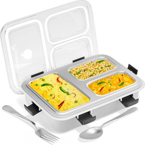 Campfire Stainless Steel 3 Compartment 900 ml Grey Lunch Box with Spoon for Kids & Adults 3 Containers Lunch Box