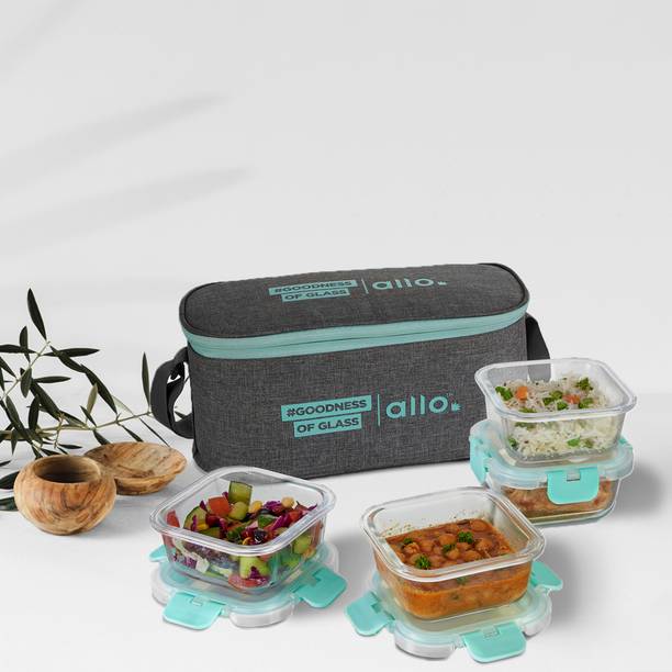 Allo FoodSafe Glass Lunch Box,Microwave Safe Tiffin with Canvas Grey Lunch Bag, 4 Containers Lunch Box