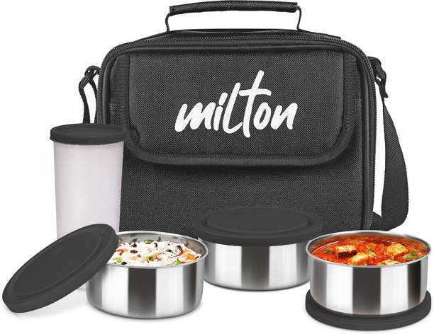 मिल्टन New Steel Combi & 1 Tumbler with Jacket, Set of 4, Black 4 कंटेनर लंच बॉक्स
