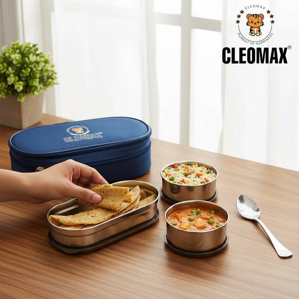 CLEOMAX TRIO Stainless steel Lunch Box with Bag,Spoon 3 Containers Stainless Steel School Lunch Box