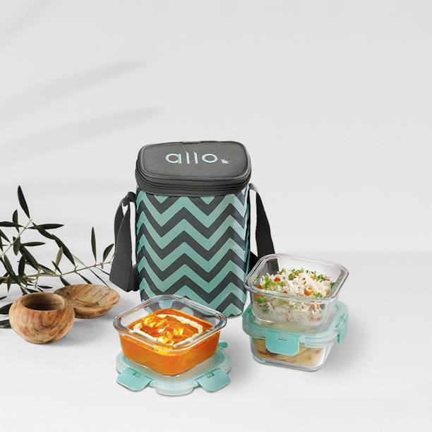 Allo FoodSafe Glass Lunch Box,Microwave Safe Tiffin with Chevron Mint Lunch Bag, 3 Containers Lunch Box