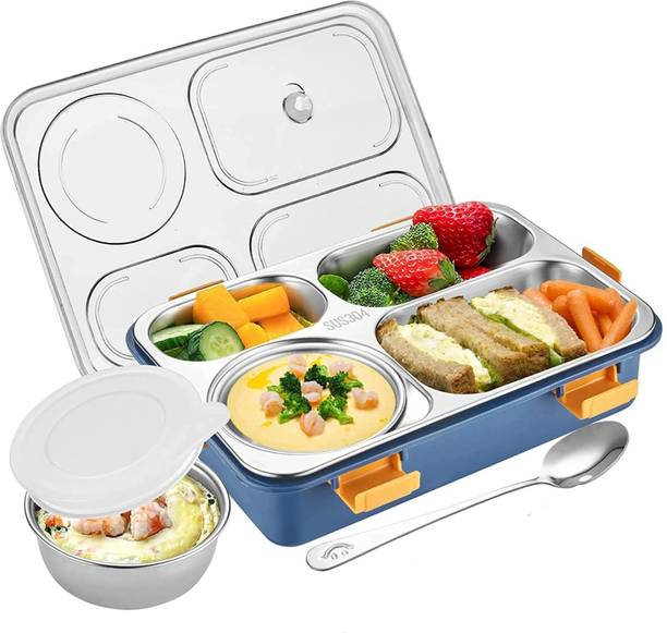 FUNVERSE Stainless Steel Lunch Box with 4 Compartment with Spoon for Kids & Adults 4 Containers Stainless Steel School Lunch Box