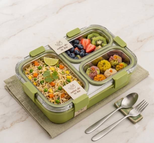 DEVMANN 3 Compartment Stainless Steel Lunch Box with Leakproof Airtight Lid 3 Co