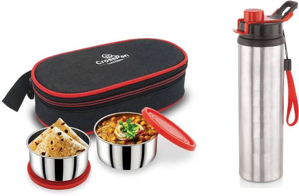 CrossPan Two Container Stainless Steel Lunch Box / Tiffin Box with 750 ml SS Water Bottle 2 Containers Lunch Box