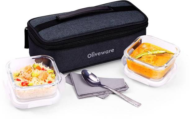 Oliveware Prism Glassware Lunchbox|Borosilicate Glass Lunchbox Microwave Proof 2 Containers Lunch Box